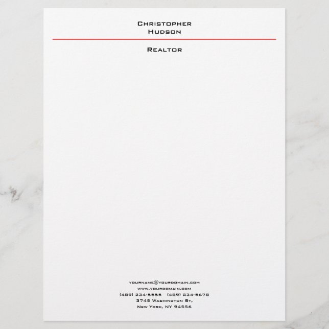 Professional Black Red White Simple Plain Realtor Custom Letterhead (Front)