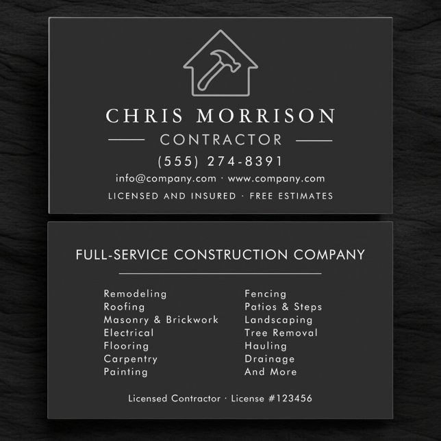 Professional Black Silver Building Contractor Business Card (Creator Uploaded)