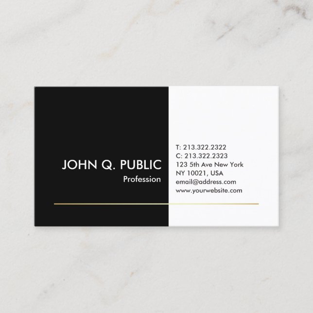 Professional Black White Gold Elegant Modern Plain Business Card (Front)