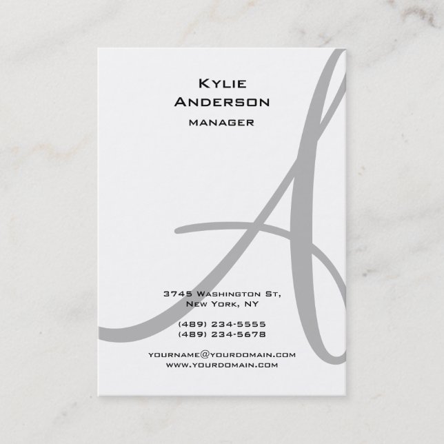 Professional Black White Grey Calligraphy Monogram Business Card (Front)