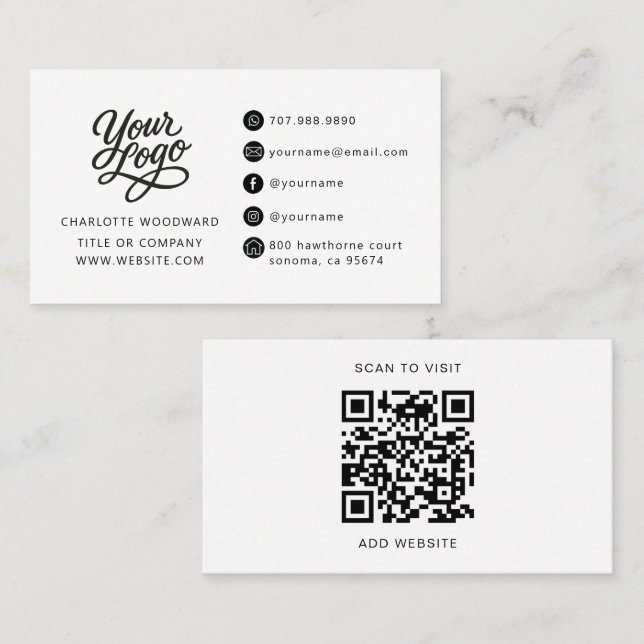 Professional Black White Logo QR Code Business Card (Front/Back)