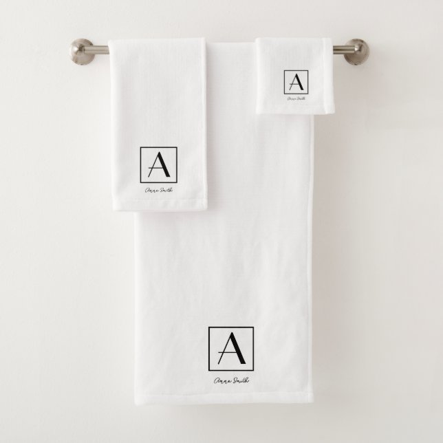Professional Black & White Monogram Initial Script Bath Towel Set (Insitu)