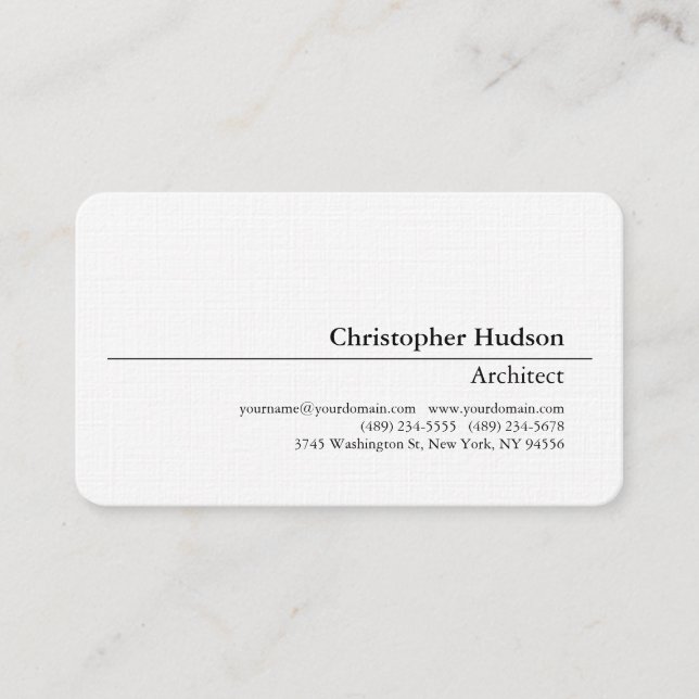 Professional Black White Plain Architect Linen Business Card (Front)