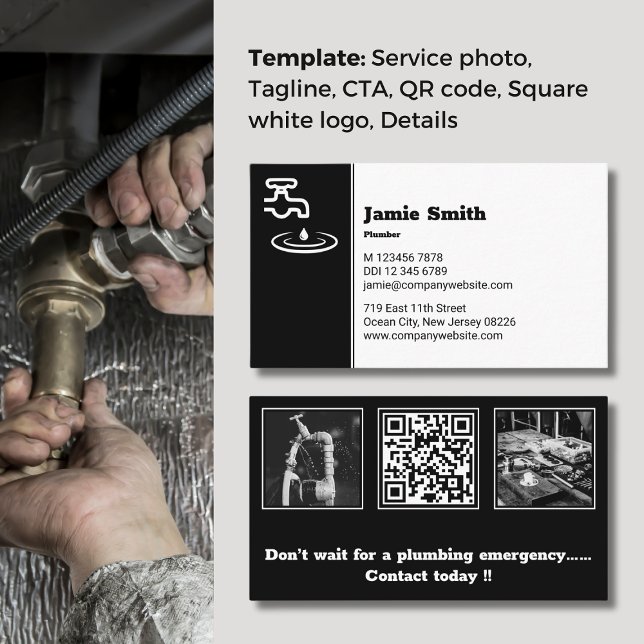 Professional Black & White Plumber Business Card (Professional Black & White Plumber Business Card, Photos, Logo, QR code, Slogan, CTA)