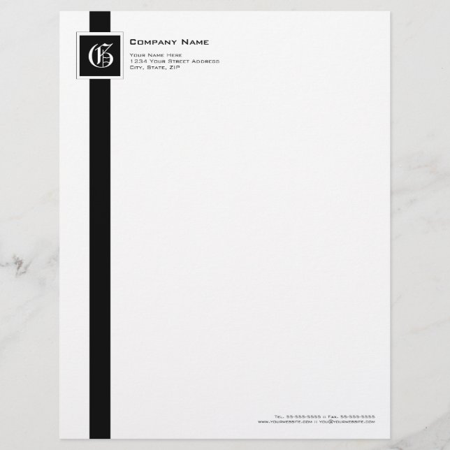 Professional Black & White Stripe Monogram Custom Letterhead (Front)