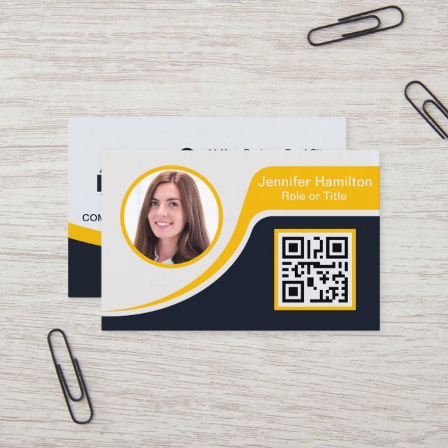 Professional Black Yellow add your Logo QR Business Card (Front/Back In Situ)