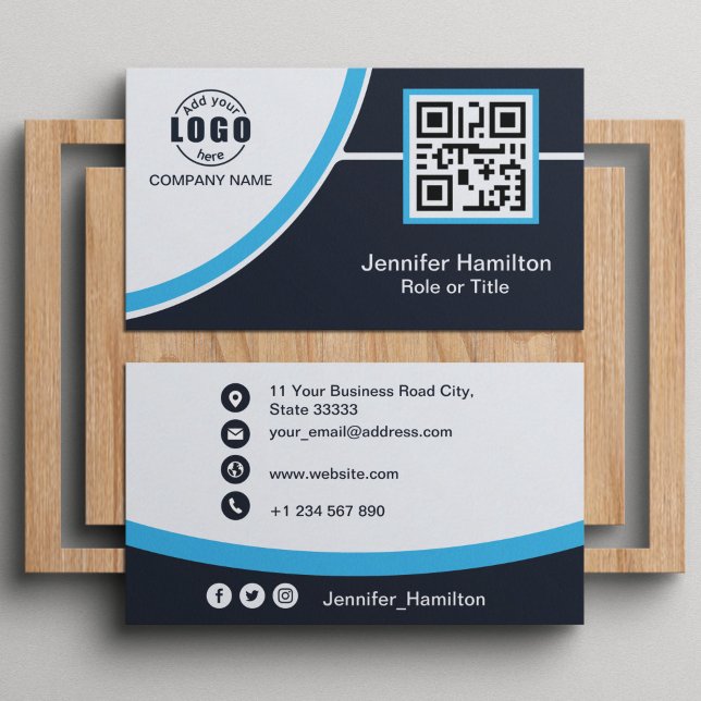 Professional Blue add your Logo QR Code Business Card (Creator Uploaded)