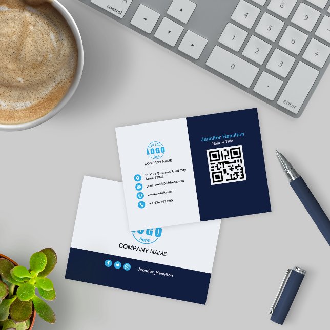 Professional Blue add your Logo QR Code Business Card (Creator Uploaded)