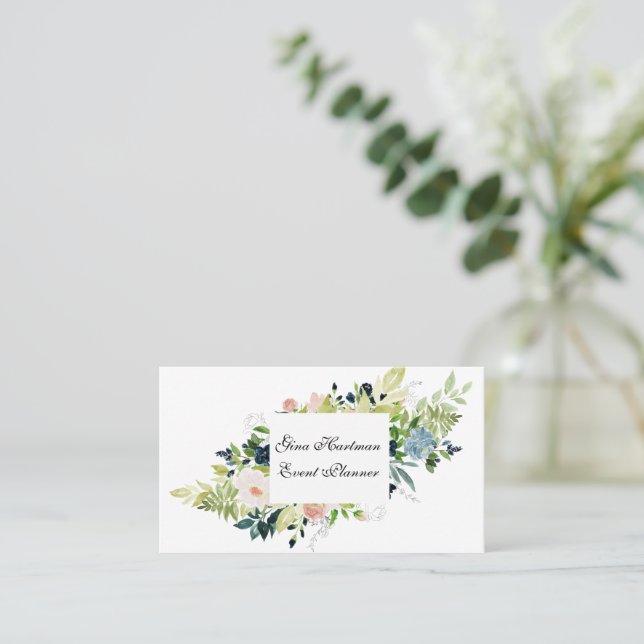 Professional Blue and Blush Watercolor Bouquet Business Card (Standing Front)