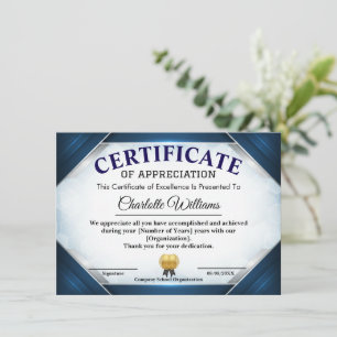 Professional Blue Appreciation Certificate Invitation