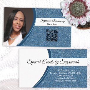 Professional Blue Glitter Custom Photo QR Code Business Card