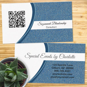 Professional Blue Glitter QR Code Template Business Card