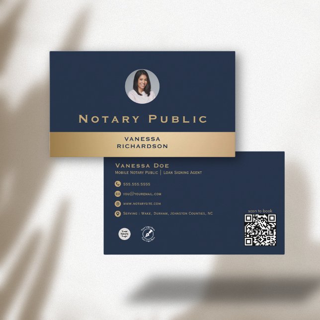 Professional Blue & Gold Photo Notary Business QR Business Card (Creator Uploaded)