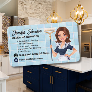 Professional Blue Housekeeper Cleaning Service Business Card