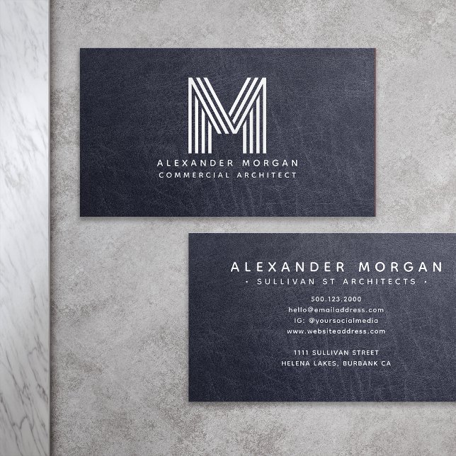 Professional Blue Leather Monogram Business Card (Creator Uploaded)