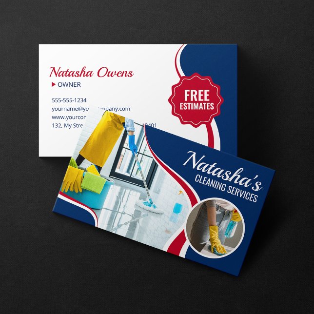 Professional Blue & Red Cleaning Services Maid Business Card (Creator Uploaded)