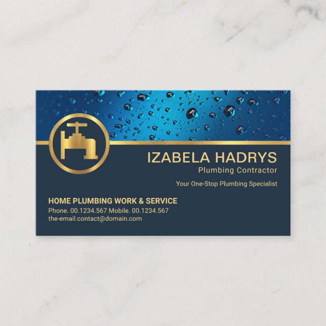 Professional Blue Water Drops Gold Plumber Icons Business Card (Front)