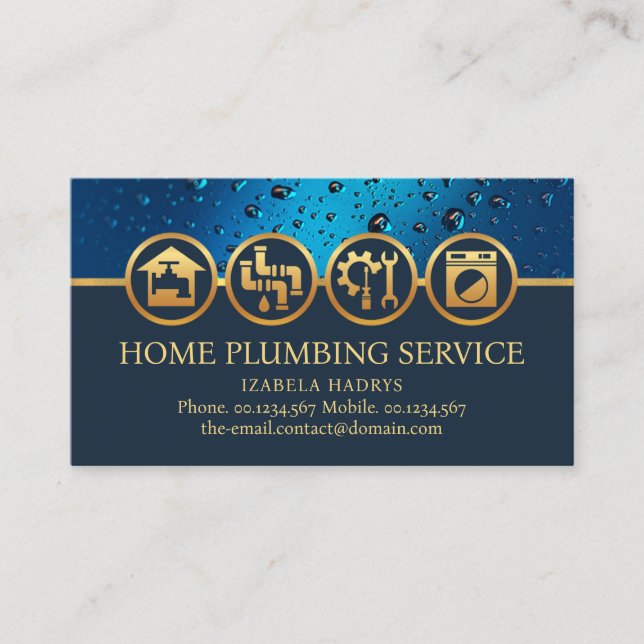 Professional Blue Water Drops Plumbing Business Card (Front)