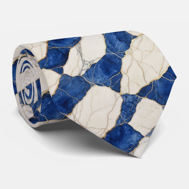 Professional Blue, White and Gold Marble Tie (Rolled)