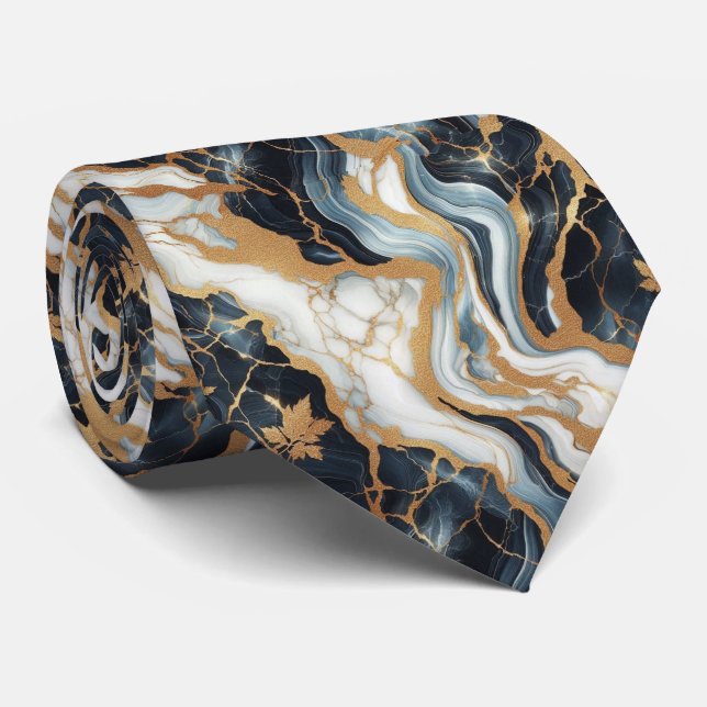 Professional Blue, White and Gold Marble Tie (Rolled)