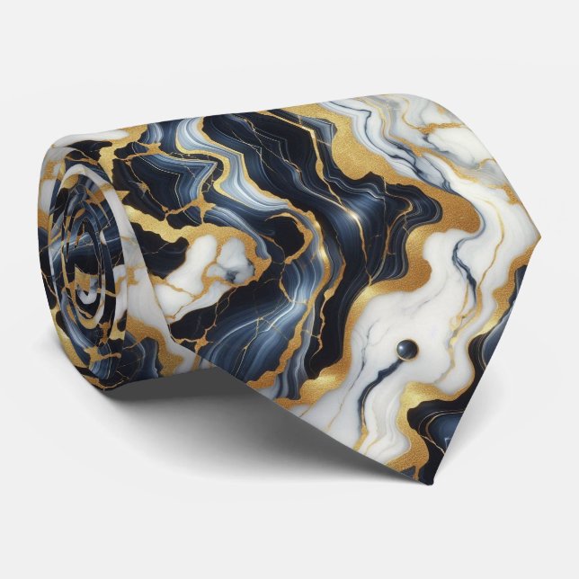 Professional Blue, White and Gold Marble Tie (Rolled)