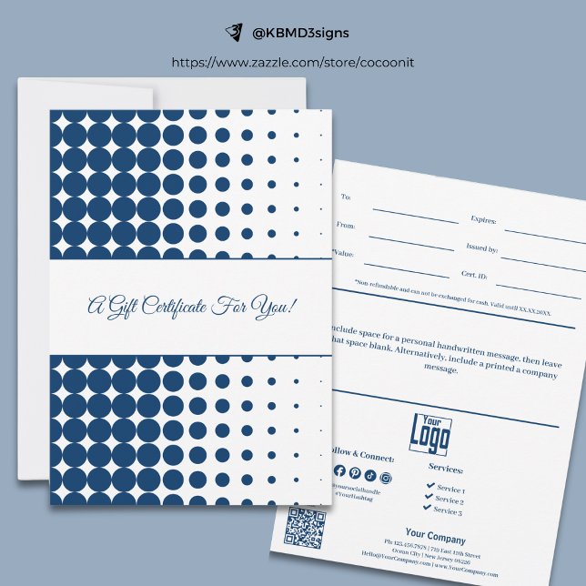 Professional Blue White Half Tone Gift Certificate (Professional Blue White Half Tone Gift Certificate, Track.ID., Personal Note, Logo, SM, Service)