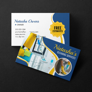 Professional Blue Yellow Cleaning Services Maid Business Card