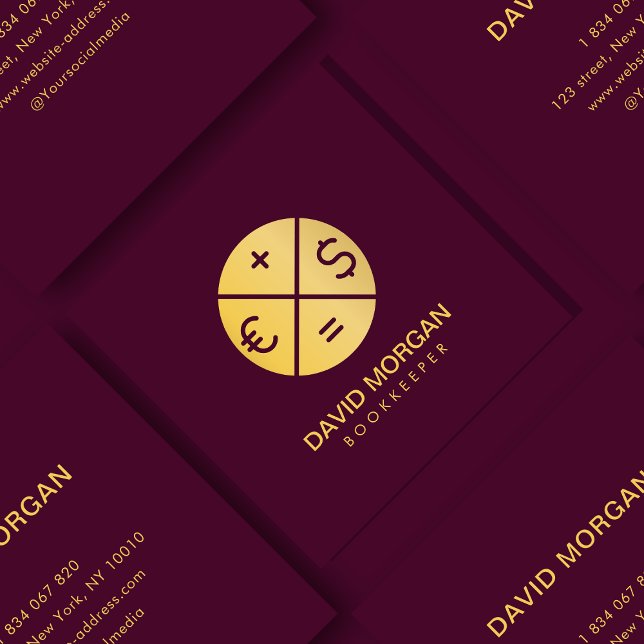 Professional Bookkeeper Burgundy And Gold  Square Business Card (Creator Uploaded)