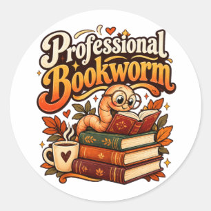 Professional Bookworm Cute Retro Reading Worm Classic Round Sticker