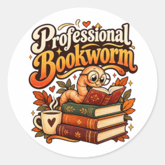 Professional Bookworm Cute Retro Reading Worm Classic Round Sticker