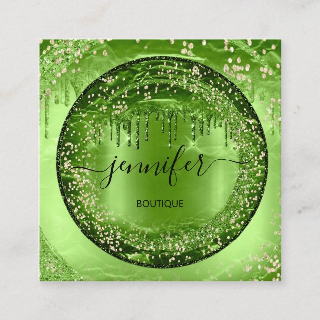 Professional Boutique Shop Glitter Green Gold Square Business Card (Front)
