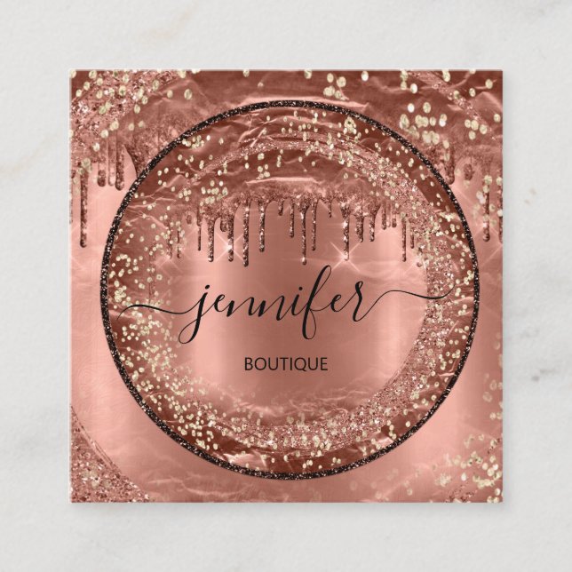 Professional Boutique Shop Glitter Rose Gold Drips Square Business Card (Front)