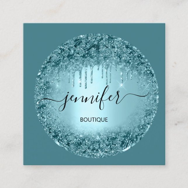 Professional Boutique Shop Glitter Rose Teal Blue  Square Business Card (Front)