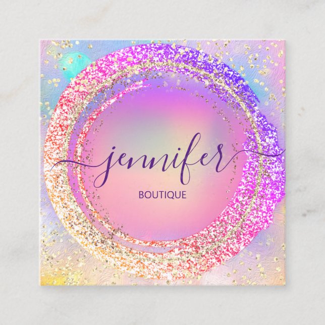 Professional Boutique Shop Glitter Spark Holograph Square Business Card (Front)