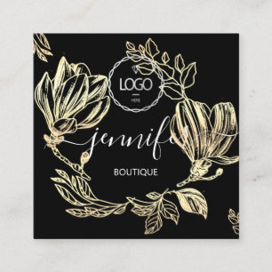 Professional Boutique Shop Gold Floral QR Logo Square Business Card