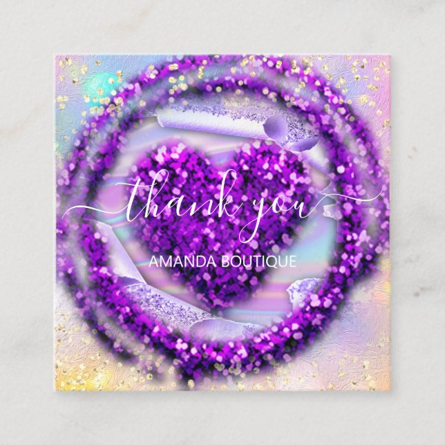 Professional Boutique Shop Purple Heart Holograph Square Business Card (Front)