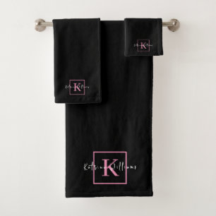 Professional Branding Logo Black Pink Monogram Bath Towel Set