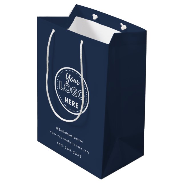 Professional Branding Minimalist Navy Blue Logo Medium Gift Bag (Back Angled)