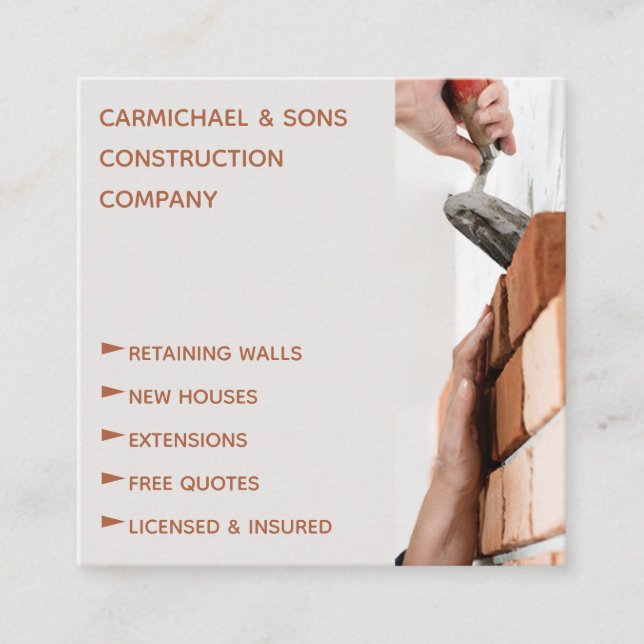 Professional Bricklayer Construction Building Square Business Card (Front)