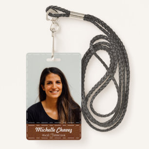 Professional Brow White Stitched Leather Photo ID Badge