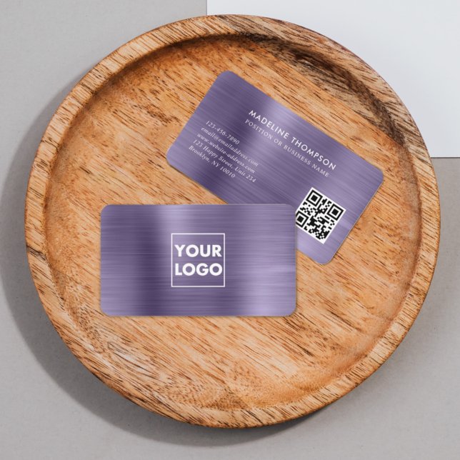 Professional Brushed Metal Lavender Logo QR Code Business Card (Creator Uploaded)