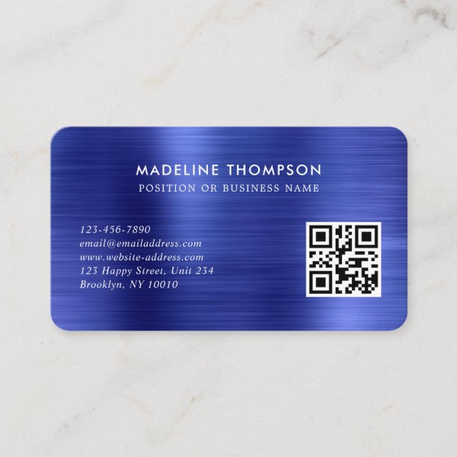 Professional Brushed Metallic Blue Logo QR Code Business Card (Front)