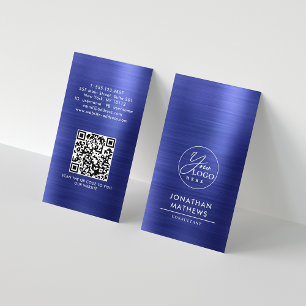 Professional Brushed Metallic Blue Logo QR Code Business Card