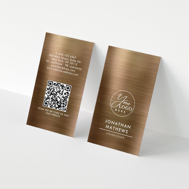 Professional Brushed Metallic Gold Logo QR Code Business Card (Creator Uploaded)
