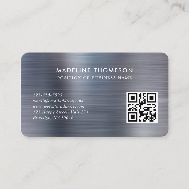 Professional Brushed Metallic Grey Logo QR Code Business Card (Front)