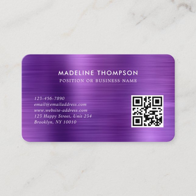 Professional Brushed Metallic Purple Logo QR Code Business Card (Front)