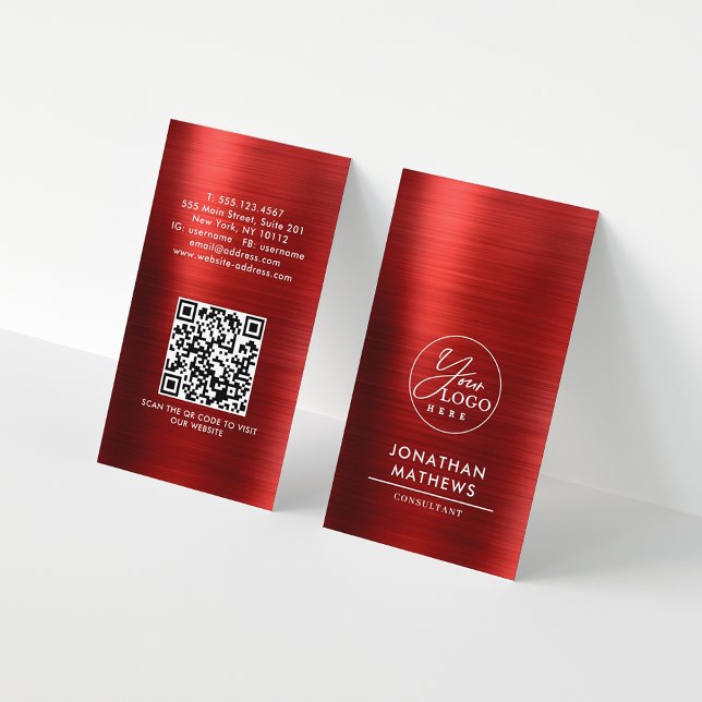 Professional Brushed Metallic Red Logo QR Code Business Card (Creator Uploaded)