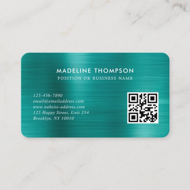 Professional Brushed Metallic Teal Logo QR Code Business Card (Front)