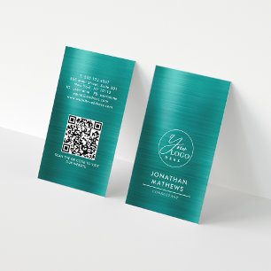 Professional Brushed Metallic Teal Logo QR Code Business Card