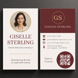 Professional Burgundy Gold Photo QR Code Modern Business Card